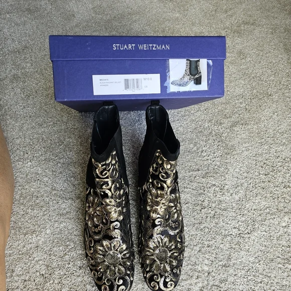 Stuart Weitzman Mediate Black Radiant Velvet Gold Sequins bootie Size 10 - Picture 14 of 17